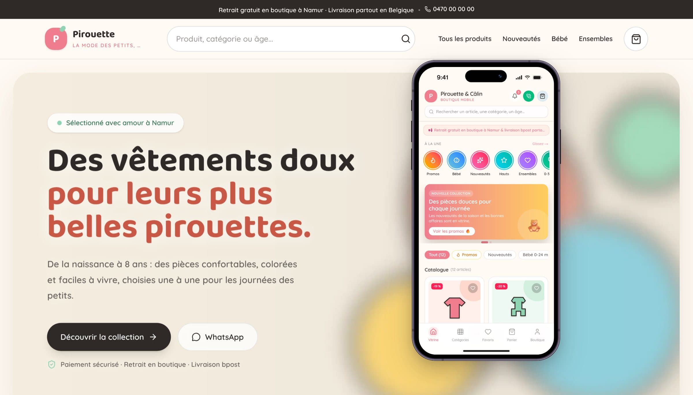 De demowinkel Pirouette & Câlin op een computer en de bijbehorende mobiele app